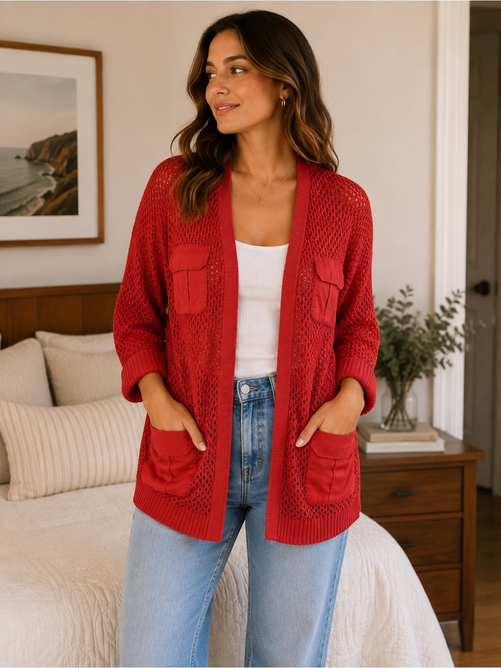 Chico's Red Open-Weave Pocket Cardigan